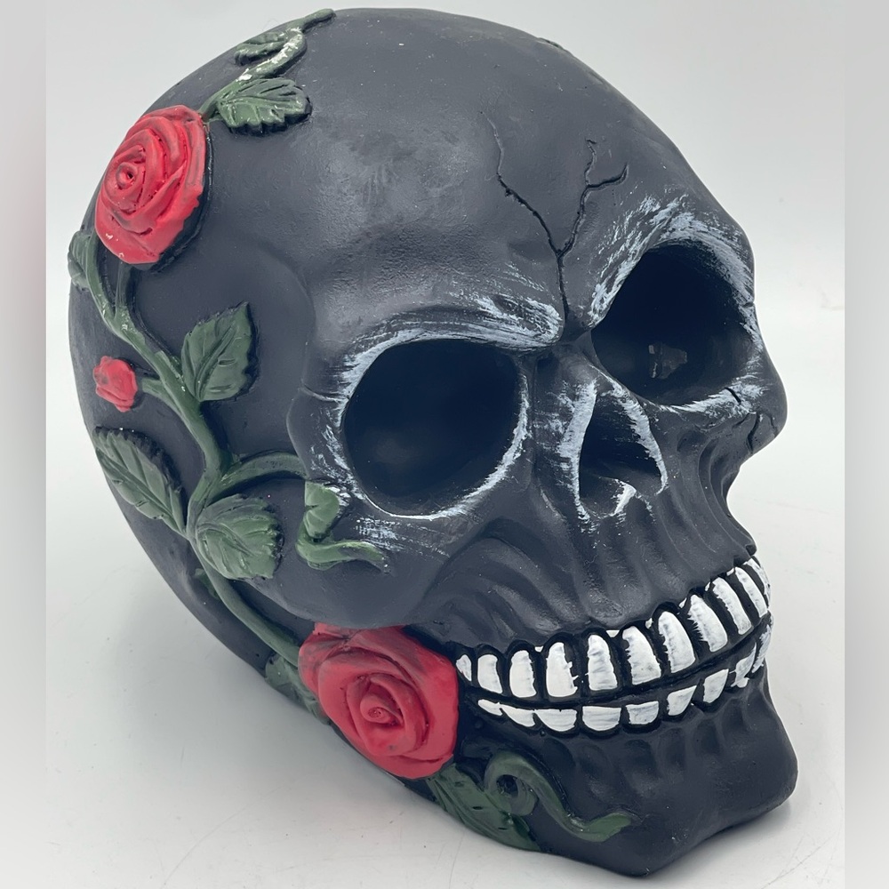 Halloween Gothic Sugar Skull w/ Red Roses & Green Vines - Day of the Dead Decor
